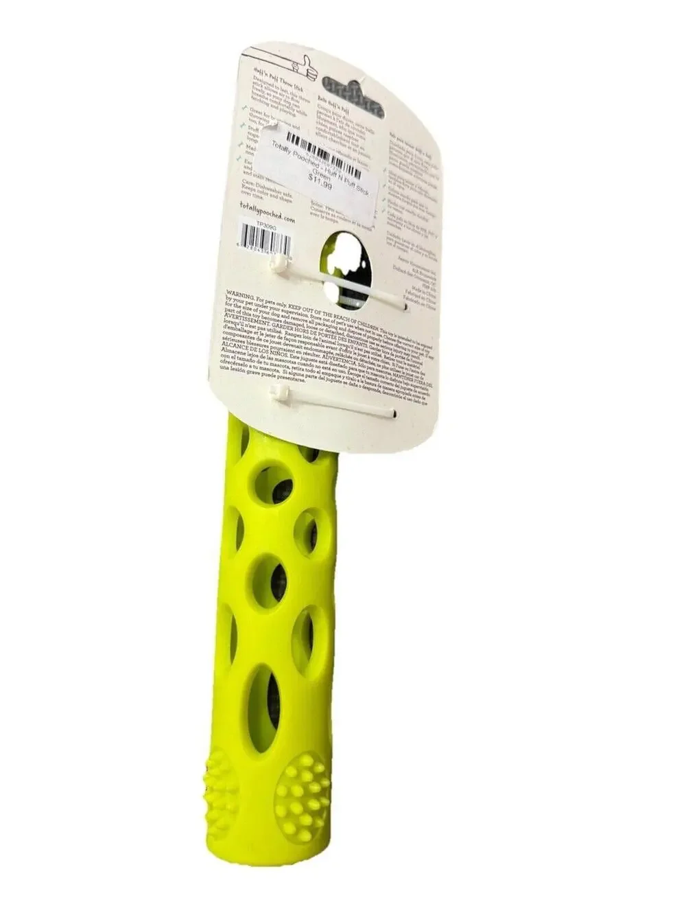 (RGB3) Totally Pooch 10” Huff N Puff Throw Stick Dog Toy Green Textured Rubber